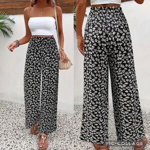 New Tropical Floral Print Wide Leg High Rise Waist Pants Loose Button Shirred